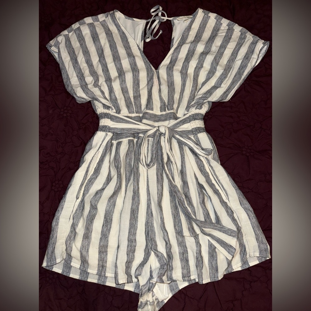 American Eagle Outfitters Gray and White Striped Romper
